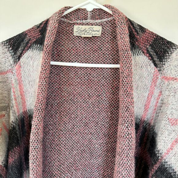 LUCKY BRAND Women MEDIUM Pink Wool Mohair Blend Brush Plaid Open Front Cardigan - Picture 8 of 14